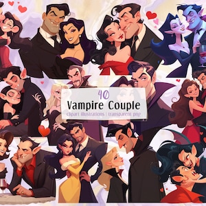 Cartoon Vampire Couple illustrations. Cute adorable fairytale fantasy couples characters, pairs of romantic vampires dating | PNG clip arts