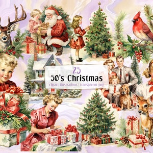 Illustrations de Noël des années 50. Images de style carte postale de vacances rétro, scènes festives, personnes, Père Noël, animaux, sapin et cadeaux | Clipart PNG