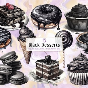 Zwart gekleurde desserts. Illustraties in aquarelstijl. Houtskooldelicatesse, dessert van pure chocolade, gebak, cake, ijs | PNG-illustraties