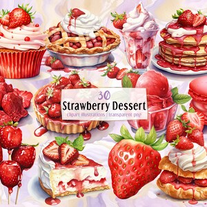 Illustrations de desserts aux fraises. Pâtisserie aux fruits rouges, boissons, fraises au chocolat, choux crémeux, sorbet, milk-shake | clipart PNG