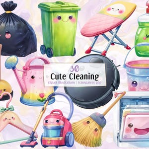 Peut inclure: Ensemble d'illustrations de nettoyage mignonnes, comprenant un sac poubelle, une poubelle, une planche à repasser, un distributeur de savon, un déboucheur, un arrosoir, un aspirateur robot, un seau, un cintre, un aspirateur, un balai et un lave-vaisselle. Le texte "Cute Cleaning" est présent.