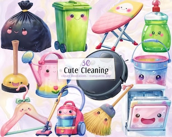 Ilustraciones lindas de limpieza / PNG. Artículos de limpieza kawaii, lavandería, tareas domésticas, objetos sonrientes y herramientas de jardinería.