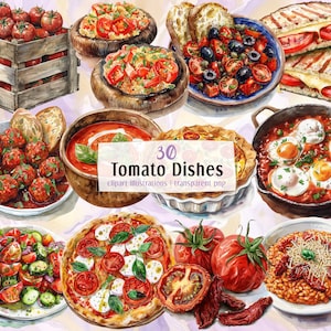 Puede incluir: Ilustración en acuarela de 30 platos de tomate, incluyendo una caja de madera con tomates, sopa de tomate, pizza y una sartén con huevos en salsa de tomate. La imagen incluye el texto "30 Tomato Dishes".
