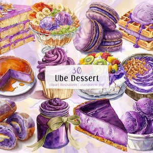 Könnte beinhalten: 30 Ube Dessert Clipart-Illustrationen.  Eine Sammlung von violetten Ube-Desserts, darunter Kuchen, Eis, Pudding und Gebäck.  Die Illustrationen sind im Aquarellstil gehalten.