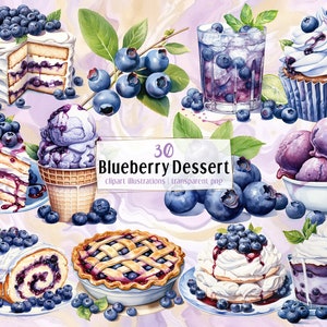 Desery jagodowe. Ilustracje w stylu akwareli. Ciasto jagodowe, pyszne ciasto, muffinka, placek, lody, pavlova, napoje | PNG clipart
