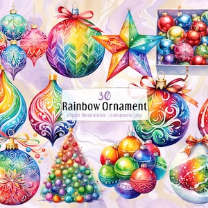 Regenbogen Weihnachtsschmuck. Illustrationen im Aquarell-Stil. Lebendige bunte festlich dekorierte Kugeln, Globen, Baum | PNG-Cliparts