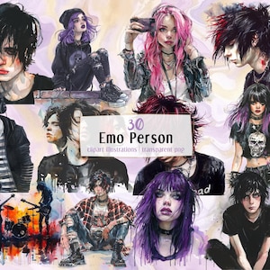 Persona emo, ilustraciones en estilo acuarela. Moda emo, niños de la escena, estilo alternativo de los años 2000, niños y niñas en colores oscuros / Clip arts PNG