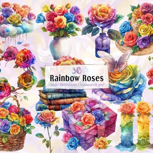 Könnte beinhalten: Eine Sammlung von 30 Regenbogen-Rosen-Cliparts mit Rosen in Vasen, Körben, auf Büchern und Kerzen. Das Set enthält einen Strohhut, eine Geschenkbox und einen Schmetterling, die alle mit leuchtenden, mehrfarbigen Aquarellrosen verziert sind.