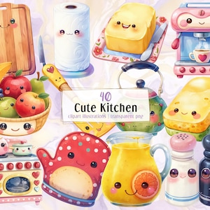 May include: A collection of 40 cute kitchen-themed clipart illustrations. The image features a variety of kitchen items, including a cutting board, fruit basket, butter, coffee maker, sponge, oven, and more, all with adorable, smiling faces.