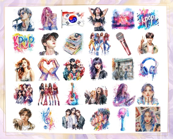 K-POPのイラスト。韓国のポップミュージックの要素、男性と女性の歌手