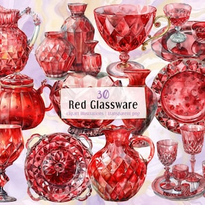 May include: A set of 30 red glass tableware items, including pitchers, bowls, plates, and glasses. The items are all decorated with a geometric pattern and have a watercolor effect.