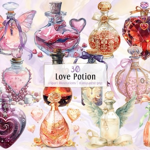 Ilustrações de Poção do Amor. Designs luxuosos e elegantes, frascos de elixir em forma de coração, poções mágicas românticas de dia dos namorados | PNG clip arts