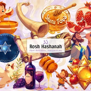 Illustrations de dessins animés de Roch Hachana. Adorables éléments sur le thème des fêtes du nouvel an juif, pommes, miel, shofar | Image clipart PNG
