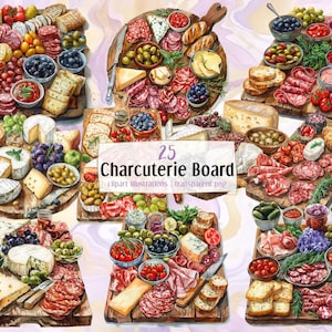 Ilustraciones de tablas de charcutería. Aperitivo de carne curada sobre tablas de madera para servir, aceitunas, fruta, pan, plato de quesos de lujo / Imágenes prediseñadas PNG