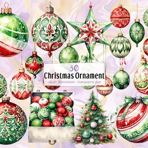 Rote, grüne und weiße Weihnachtsschmuck. Festlich dekorierte Christbaumkugeln, Kugeln, Deko-Sets und Tannenbaum PNG-Cliparts
