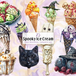 May include: A set of 25 spooky ice cream clipart illustrations. The illustrations feature various Halloween-themed ice cream cones, popsicles, and sundaes. Some of the designs include ghosts, bats, spiders, and skulls. The illustrations are in a watercolor style and are perfect for adding a spooky touch to your Halloween projects.