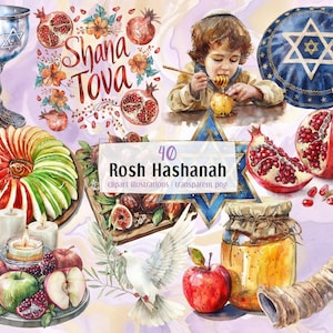 Illustrations de Roch Hachana. Éléments de fête du nouvel an juif, pommes, miel, shofar, étoile de David, salutations | clipart PNG