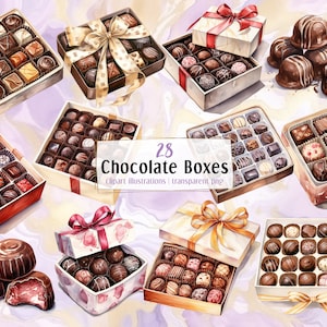 Peut inclure: 28 illustrations à l'aquarelle de boîtes de chocolats avec différents motifs et couleurs. Les boîtes sont remplies de chocolats assortis. L'image comprend le texte "28 Chocolate Boxes clipart illustrations | transparent png".