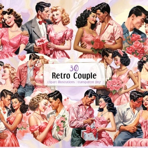 Ilustraciones de pareja retro. Parejas de San Valentín vintage de los años 40, parejas de amor romántico, estilo rockabilly pin up hombre y mujer, imágenes prediseñadas rosa / PNG