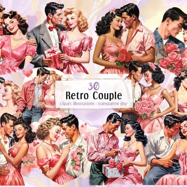 Retro couple illustrations. Vintage 40's valentine's couples, romantic love pairs, rockabilly pin up style man & woman, pink | PNG clip arts