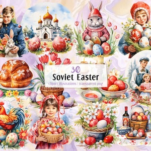 Illustrazioni in stile cartolina di Pasqua sovietica. Disegni tradizionali delle festività pasquali ortodosse orientali, uova colorate fiori primaverili / clip art PNG