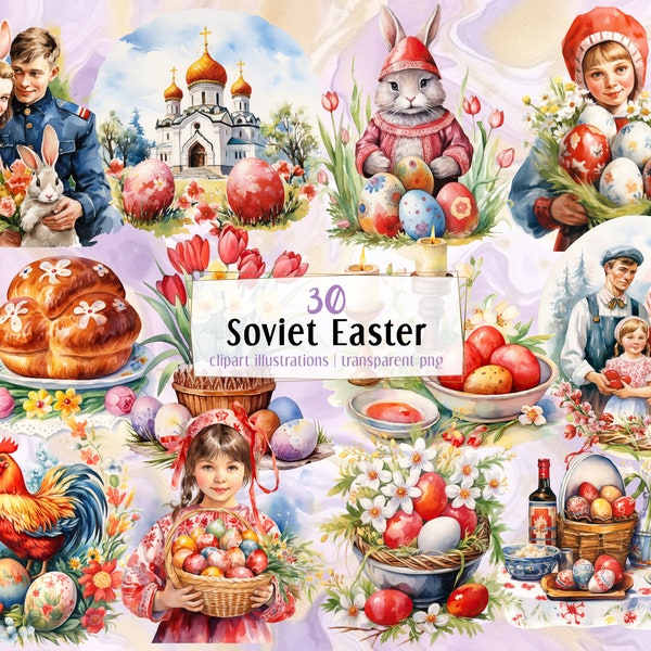 Soviet Easter Postcard style illustrations. Traditional eastern orthodox Pascha holiday drawings, colored eggs spring flowers | PNG clip art