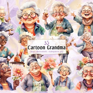 Ilustraciones lindas de la abuela de dibujos animados. Dulces abuelas sonrientes y felices, abuelas de pelo plateado, ancianas cómicas tontas y divertidas / PNG clip arts