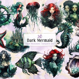 Sirène noire. Gothique, sirènes noires, objets et vie aquatique. Fantaisie mystérieuse et mystique, conte de fées sous-marin | Illustrations clipart PNG