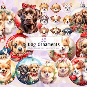 Hond kerstversieringen illustraties. Feestelijke kerstsnuisterijen, schattig hondenpupsportret, cartoonhondenhoofdvormige globes | PNG-illustraties