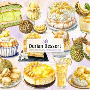 Doerian-dessertillustraties. Stekelig exotisch fruit, lichtgeel gekleurd gebak, ijs, romige cake, frites, snoep, op rijst | PNG-clip arts