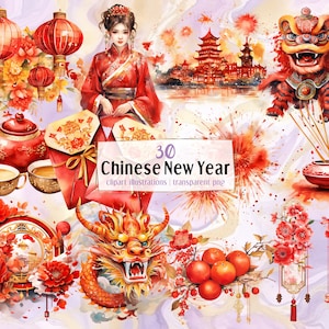 Illustrazioni di celebrazione del capodanno cinese. Fuochi d'artificio del festival lunare, buste, lanterne, decorazioni, danza del drago, cibo / clip art PNG