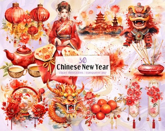 Puede incluir: Un conjunto de 30 ilustraciones de acuarela para el Año Nuevo chino. Las ilustraciones incluyen una linterna roja, una tetera roja, un sobre rojo, un dragón rojo, un león rojo, una pagoda roja, una flor roja y una naranja roja. Las ilustraciones son perfectas para crear invitaciones, tarjetas y otras decoraciones festivas.