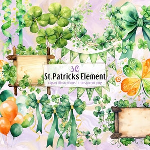Puede incluir: 30 elementos de clipart de San Patricio en acuarela, que incluyen tréboles, lazos, pancartas, corazones, globos y marcos. Los elementos son verdes, naranjas, amarillos y marrones.