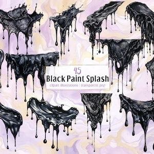 Spruzzi di vernice nera. Illustrazioni in stile acquerello. Spread decorativi liquidi scuri, schizzi di catrame, elementi di design gocciolanti / clip art PNG