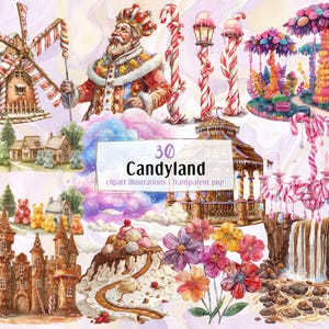 Candyland-illustraties. Leuke, kleurrijke landschappen, charmante sprookjesachtige meubels gemaakt van snoep en snoep, peperkoekhuisjes | PNG-clip arts