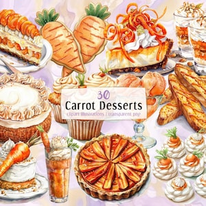 Carrot Desserts | PNG clip art illustrations. Cafe menu, sweet orange treats, carrot cakes, muffins, cupcakes and delicious glazed pastries.