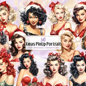 Ilustraciones navideñas de chicas pin up. Mujeres vintage de los años 40 vestidas de rojo, sombrero de Papá Noel, retratos de modelos rockabilly bastante festivos / imágenes prediseñadas PNG