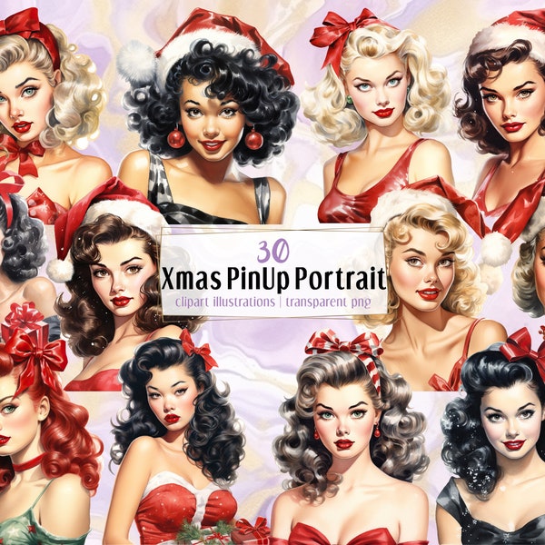 Christmas pin up girls illustrations. Vintage 40's females wearing red, Santa hat, pretty festive rockabilly model portraits | PNG clip arts