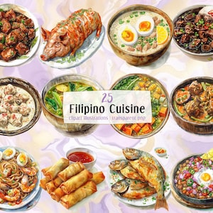 Filipino Cuisine illustrations. Delicious Philippines dishes, asian food, adobo meat, shrimp stews, pancit noodles, Lechon | PNG clip arts