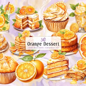 Desserts aus fruchtigen Orangen. Illustrationen im Aquarell-Stil. Orangen, Zitrus Gebäck Cupcake Muffin Kuchen, Sommer Sorbet, Donut, Marmelade | PNG-Cliparts