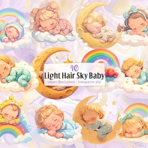 Cartoon Light Hair Sky Baby-illustraties. Schattige schattige kleine baby's slapen op wolken, regenbogen en maan, sprookjesachtige fantasie | PNG-clip arts