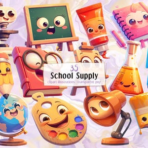 Peut inclure: Une collection de fournitures scolaires de dessins animés, comprenant un microscope, un tableau noir, un tube de peinture, un cahier, un crayon, un globe, une palette, une lampe de bureau, un pinceau, un crayon et un bécher. Le texte "35 School Supply clipart illustrations | transparent png" est inclus.