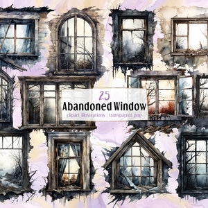 Ventanas abandonadas. Ilustraciones estilo acuarela. Marco de ventana oscuro y descuidado, madera rota con daños por óxido, casa espeluznante y aterradora / imágenes prediseñadas PNG