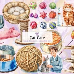 May include: A watercolor illustration set of 40 cat care items, including a cat bed, scratching post, cat toys, food, a cat carrier, a veterinarian, and a cat. The text "40 Cat Care" is written in the center of the image.