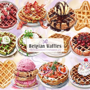 Puede incluir: Ilustraciones en acuarela de varios gofres belgas, algunos cubiertos con frutas, helado, tocino y otros ingredientes. La imagen incluye un gofre en forma de estrella y en forma de corazón. El texto "30 Belgian Waffles" es visible.