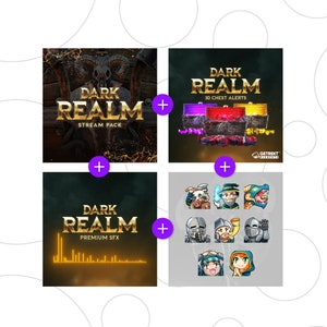 Dark Realm geanimeerde stream/twitch-overlays ultieme bundel |  Dark Fantasy-streampakket | Stream-overlays, 3D-waarschuwingen, emotes en Sound FX.