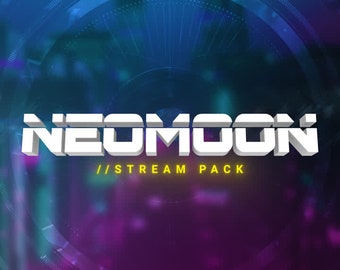 May include: A digital graphic with the word "NEOMOON" in a 3D white font, with a shadow effect. Below, in yellow, is the text "//STREAM PACK". The background is a gradient of blue, purple, and teal, with a circular design.