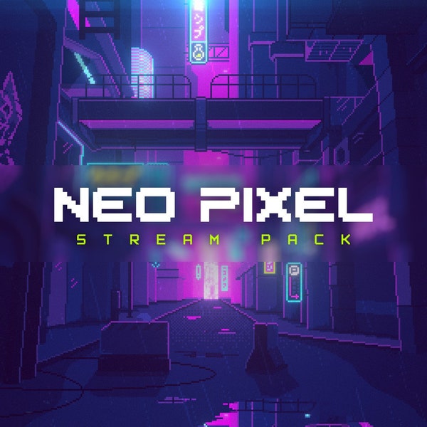 Pack de superpositions de flux/Twitch animés Neo Pixel | Forfait Flux Retro/Pixel Art | Alertes, superpositions de webcam, scènes OBS, transitions, panneaux