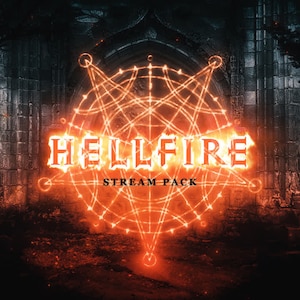 Puede incluir: Gráfico digital con la palabra "HELLFIRE" en letras naranja llameantes, encima de "STREAM PACK". El diseño presenta un intrincado patrón geométrico brillante en naranja, sobre un fondo oscuro y texturizado.