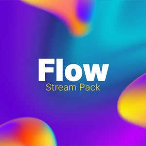 May include: Abstract digital art with a gradient background of purple, blue, and yellow hues. The word "Flow" is in large white letters, with "Stream Pack" in smaller yellow text below it.